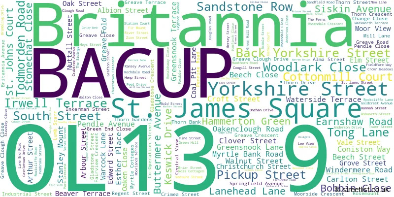 A word cloud for the OL13 9 postcode